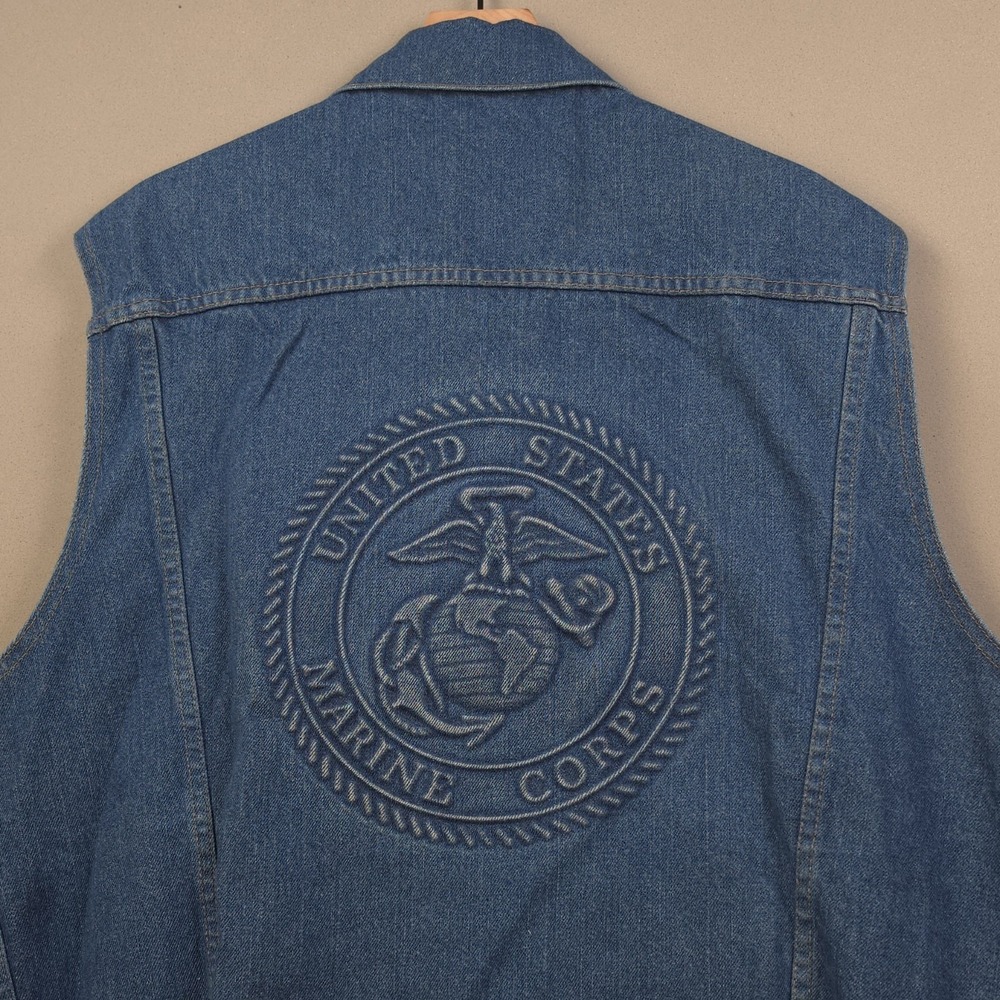 Vintage Tyca USMC Marine Corps Embossed Denim Vest Mens Large Made in USA Indigo